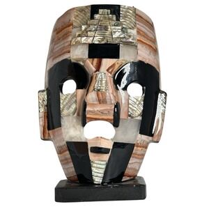 Aztec Mexican Stone Statue Tribal Folk Art Polished Obsidian w/ Abalone Inlay